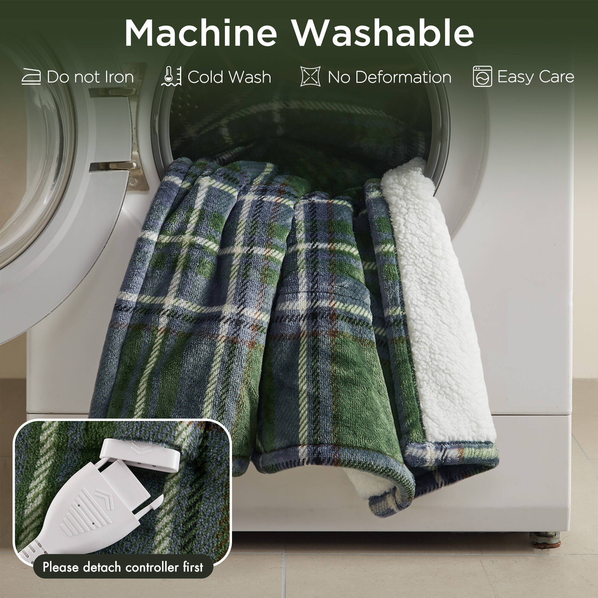 Print Plush To Sherpa - 50X60" Heated Throw - Green Plaid