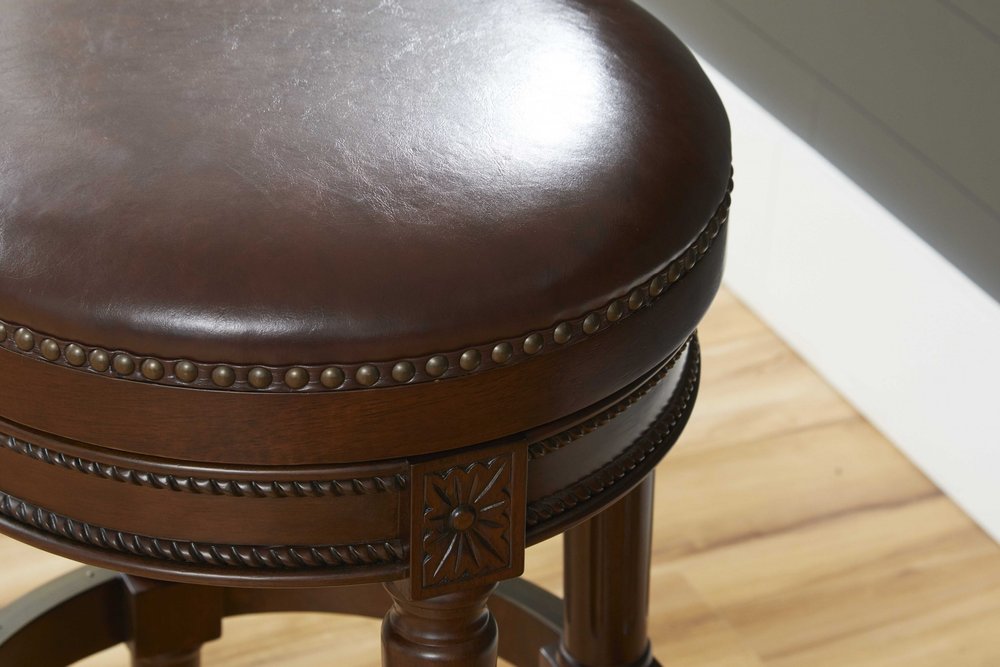 31" Brown Faux Leather and Solid Wood Backless Counter Height Swivel Bar Chair