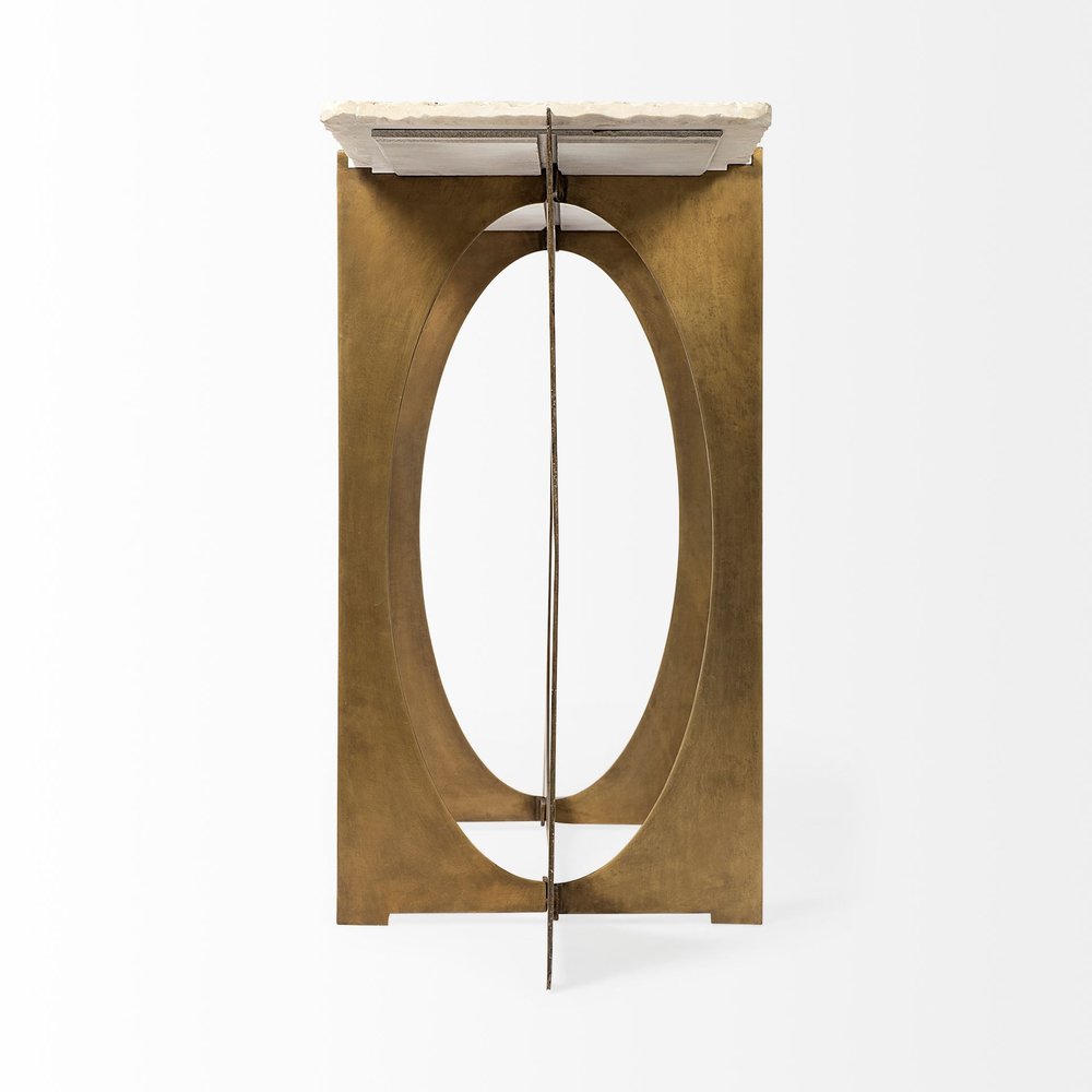 59" White and Gold Genuine Marble and Metal Geo Base Console Table