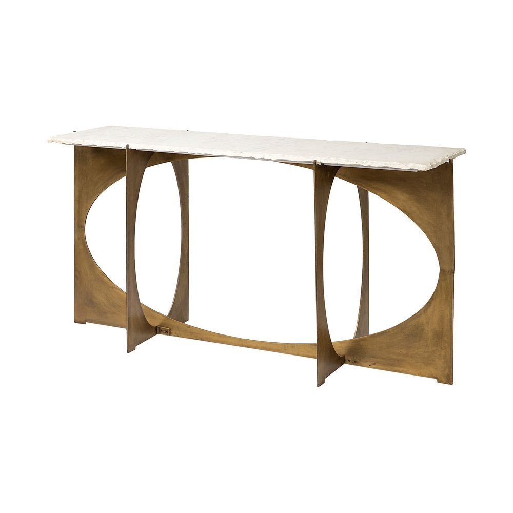 59" White and Gold Genuine Marble and Metal Geo Base Console Table