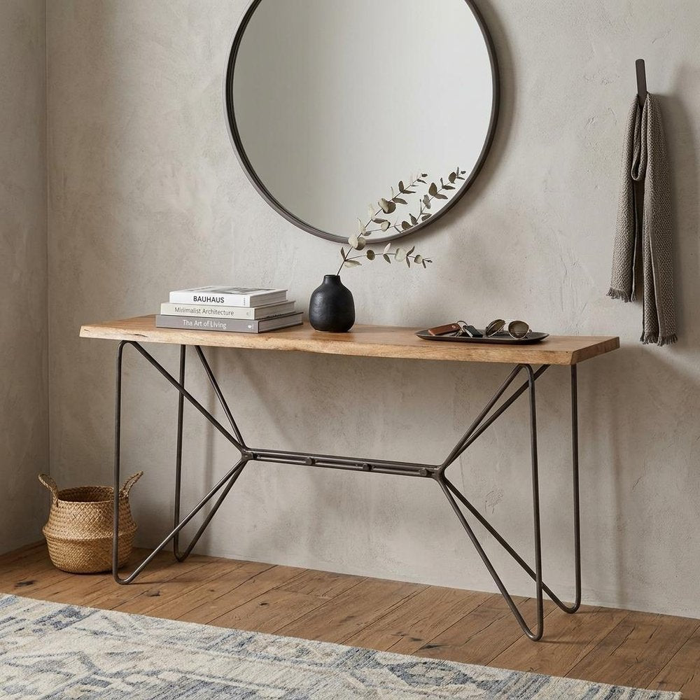 66" Brown and Black Solid Wood and Iron Abstract Base Console Table