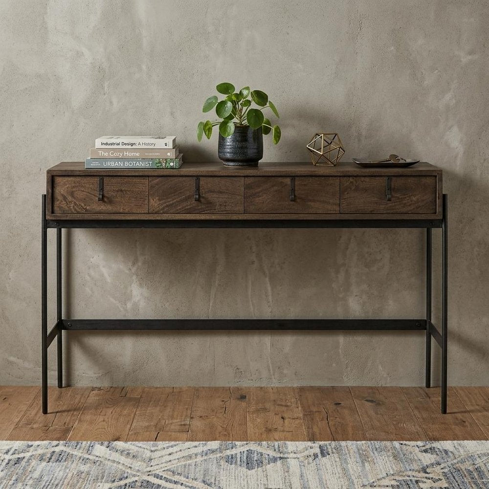 56" Brown and Black Solid Wood and Metal Distressed Console Table With Four Drawers