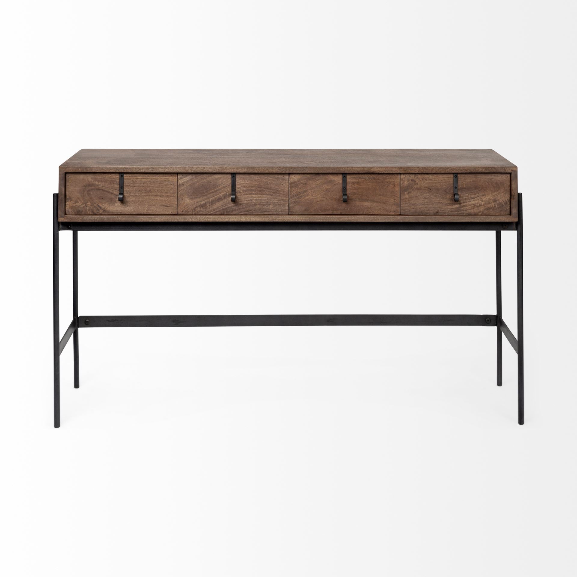 56" Brown and Black Solid Wood and Metal Distressed Console Table With Four Drawers