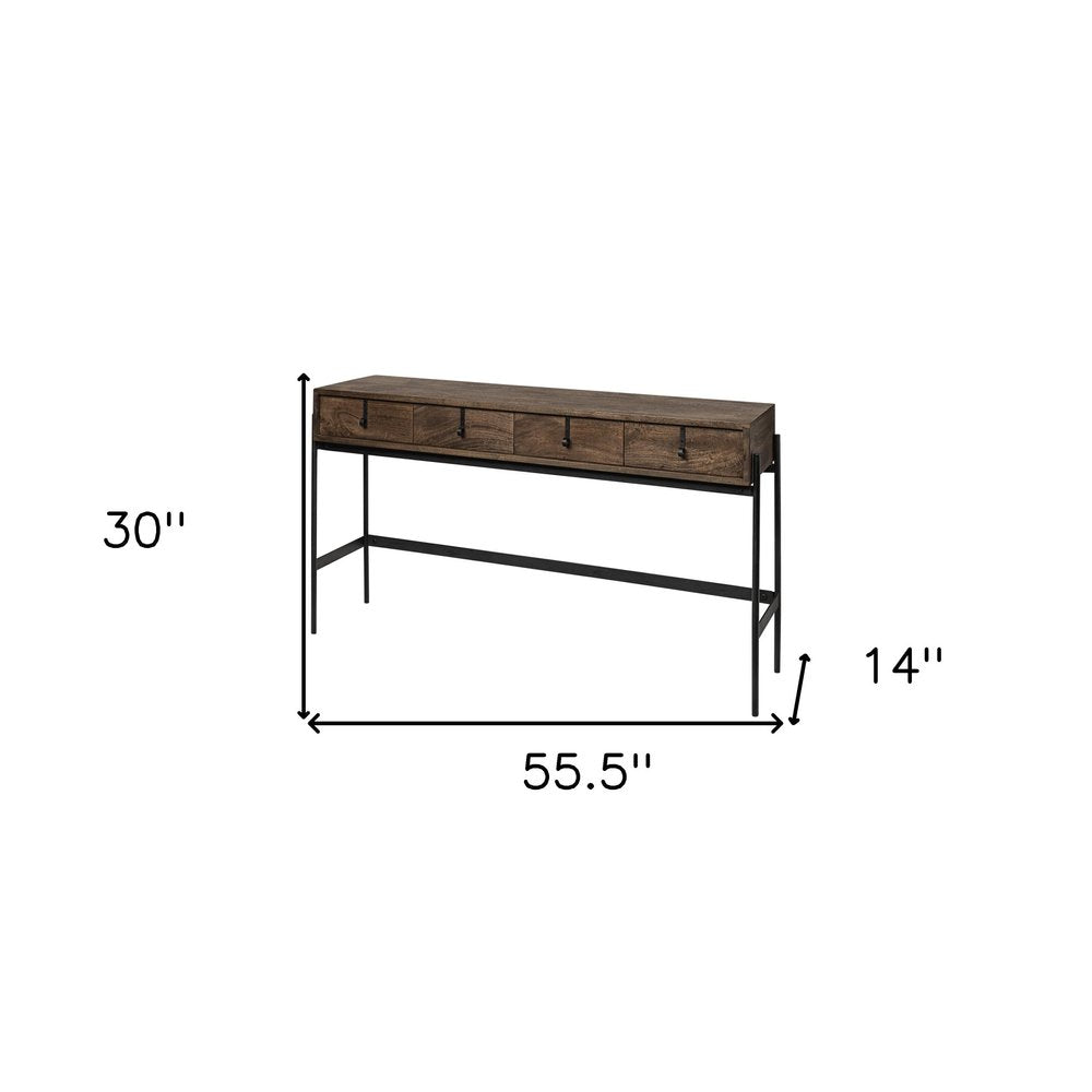 56" Brown and Black Solid Wood and Metal Distressed Console Table With Four Drawers