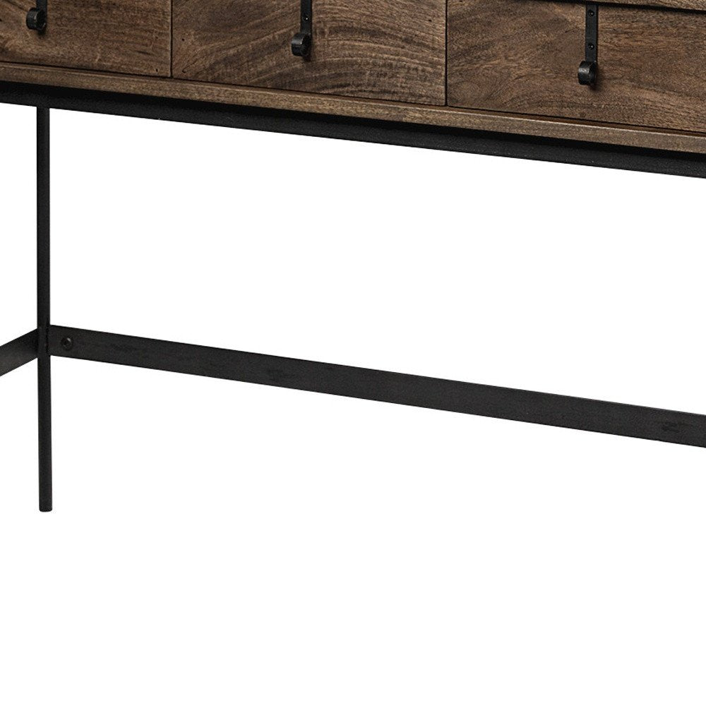 56" Brown and Black Solid Wood and Metal Distressed Console Table With Four Drawers