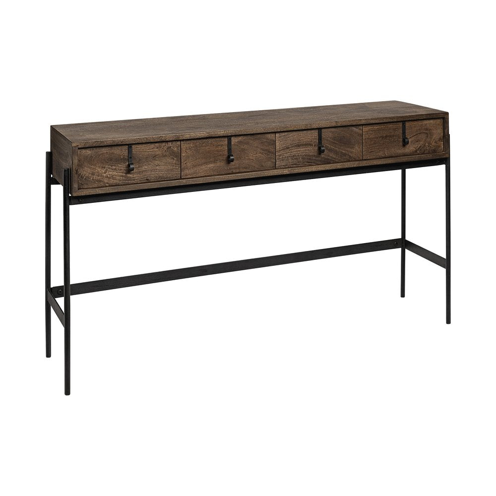56" Brown and Black Solid Wood and Metal Distressed Console Table With Four Drawers