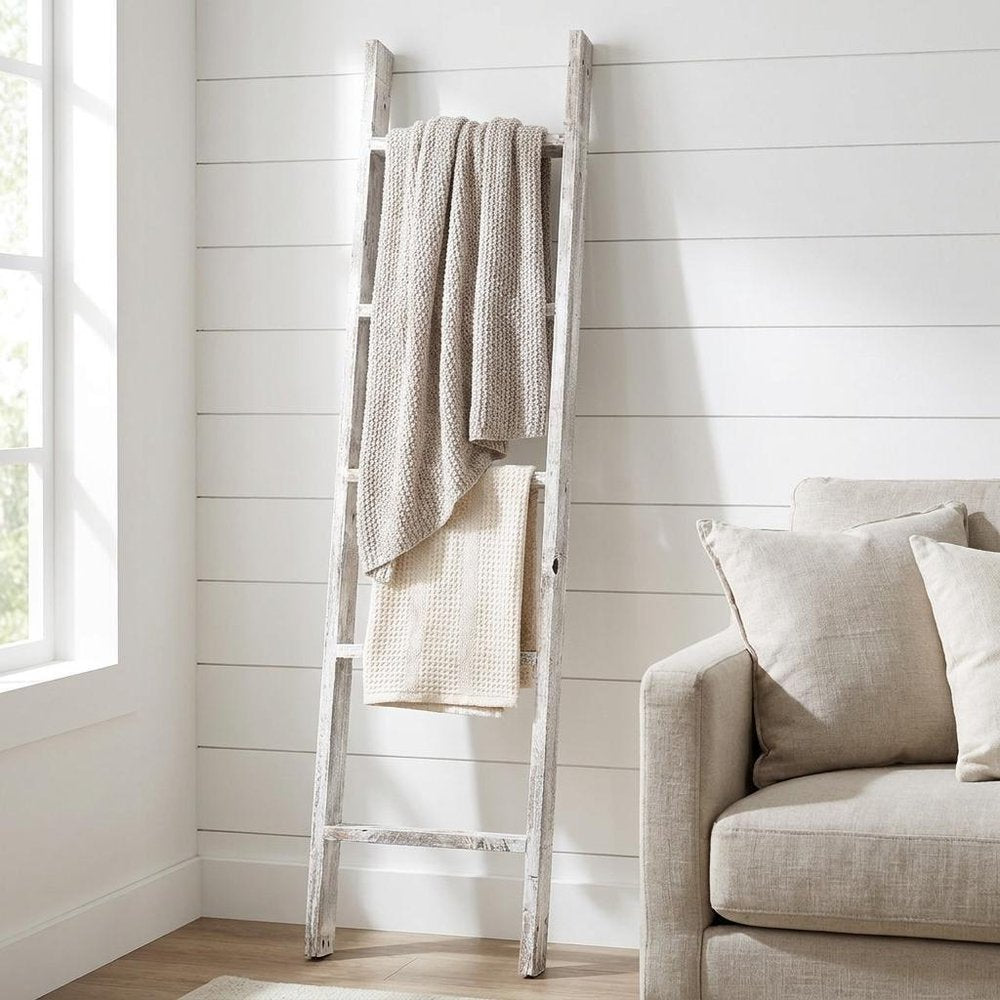 60" White Rustic Four Step Wood Ladder Shelf
