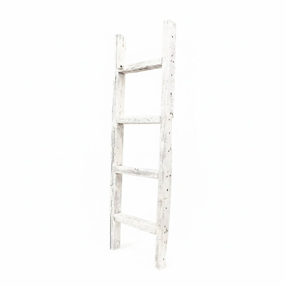 4 Step Rustic White Wood Ladder Shelf