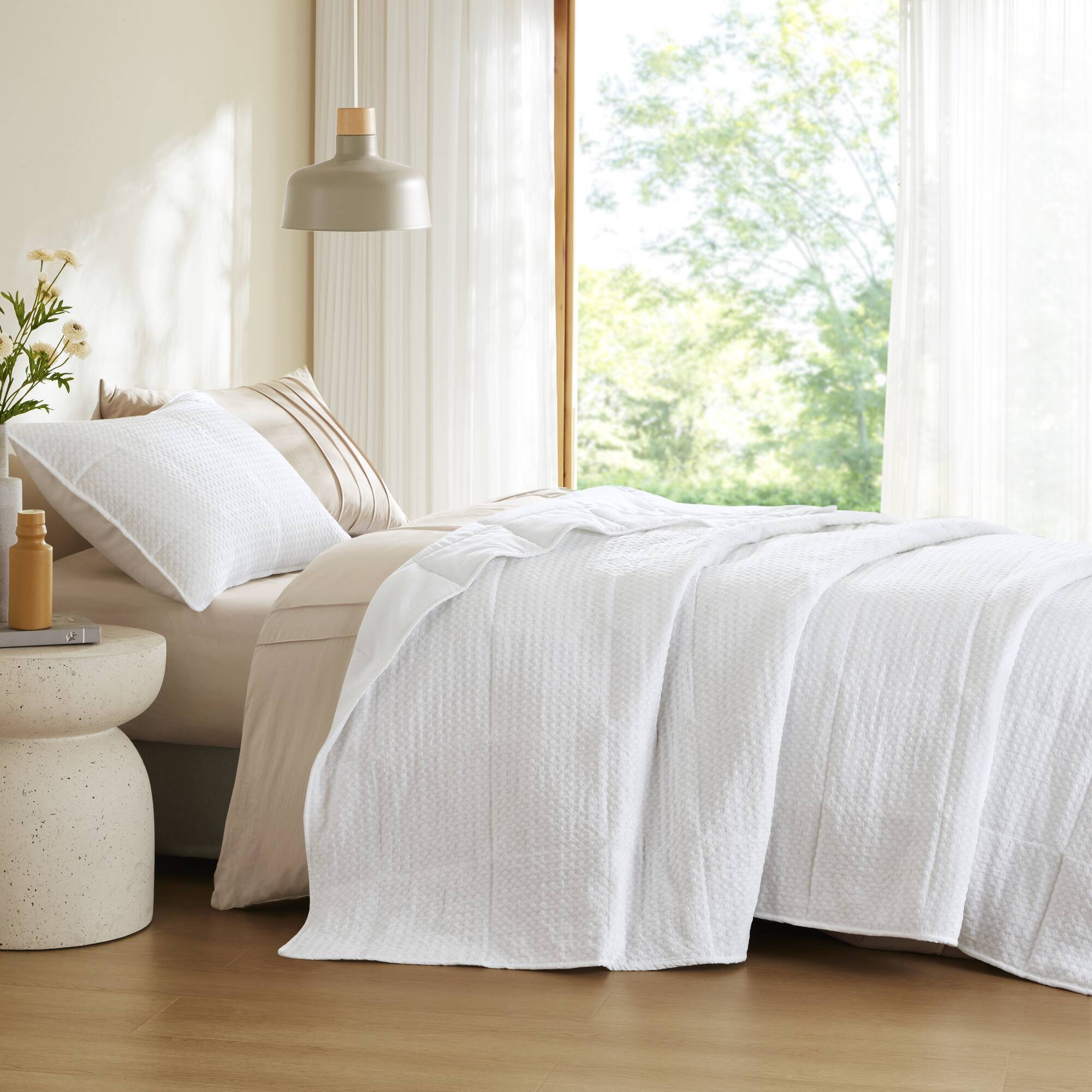 Mina - Twin/Twin Long Waffle Weave Textured Quilt Set - White