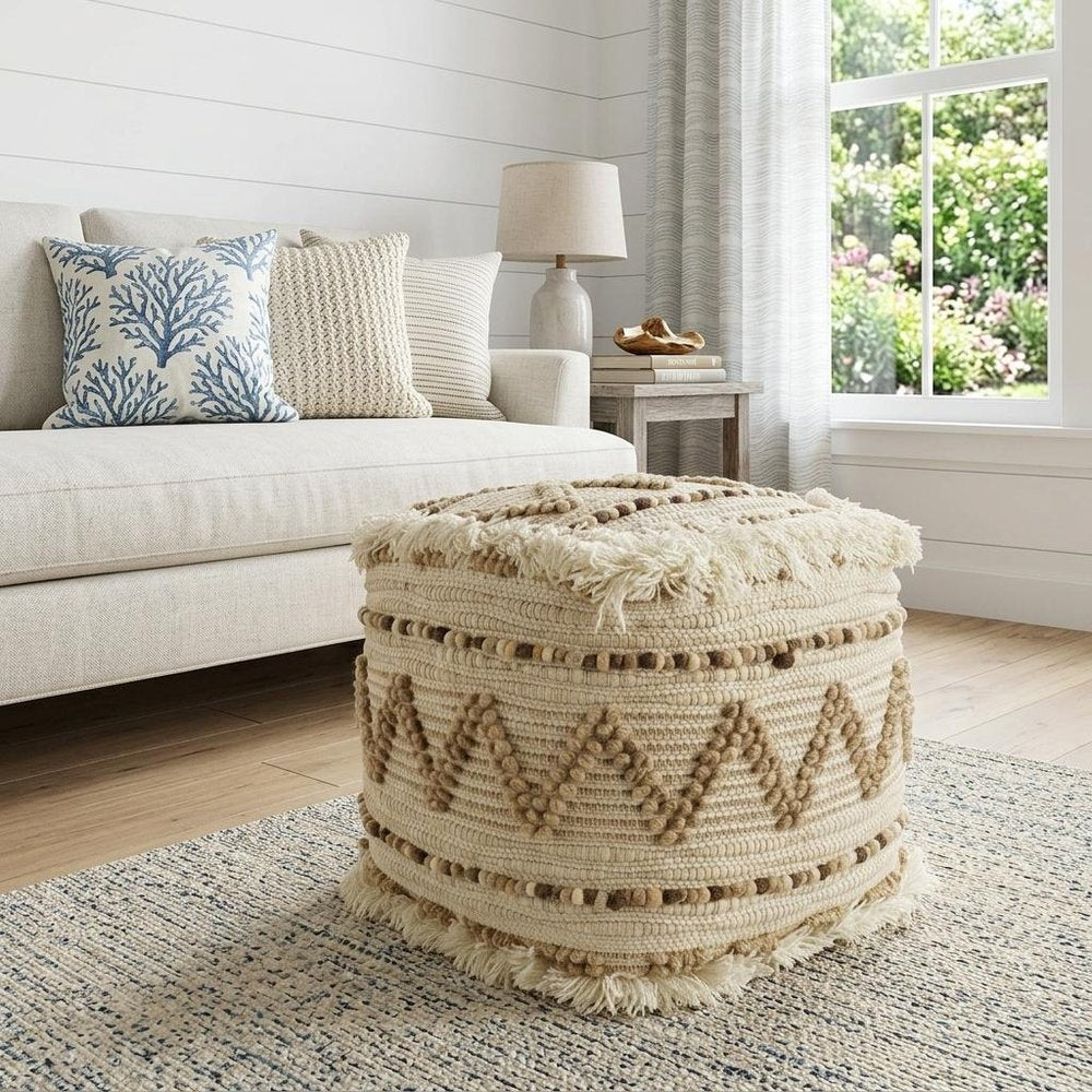 18" Beige Geometric Cube Ottoman