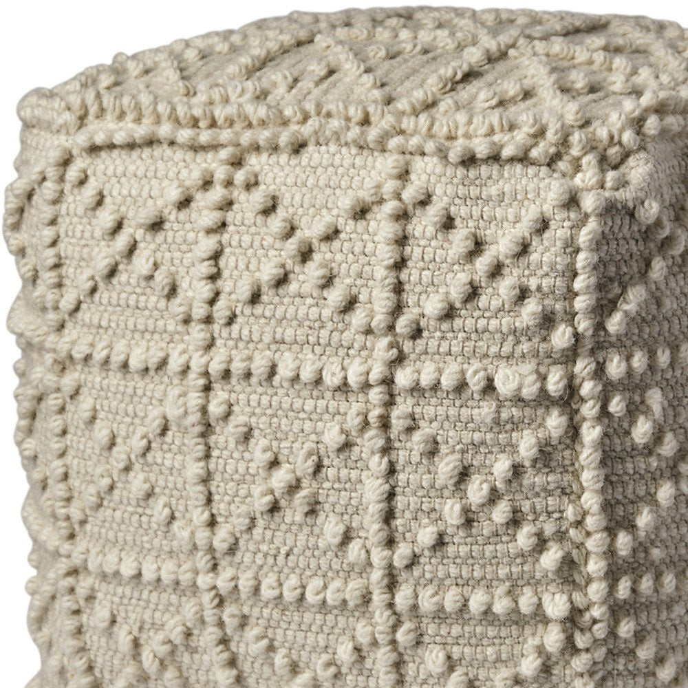 18" Ivory Wool Knubby Geometric Cube Pouf Ottoman