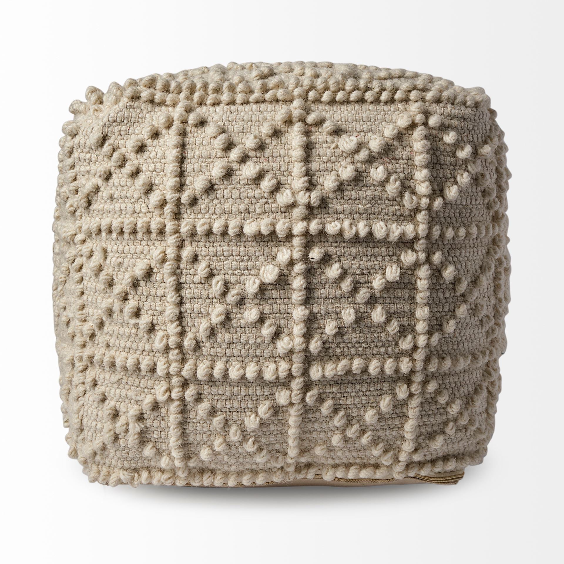 18" Ivory Wool Knubby Geometric Cube Pouf Ottoman