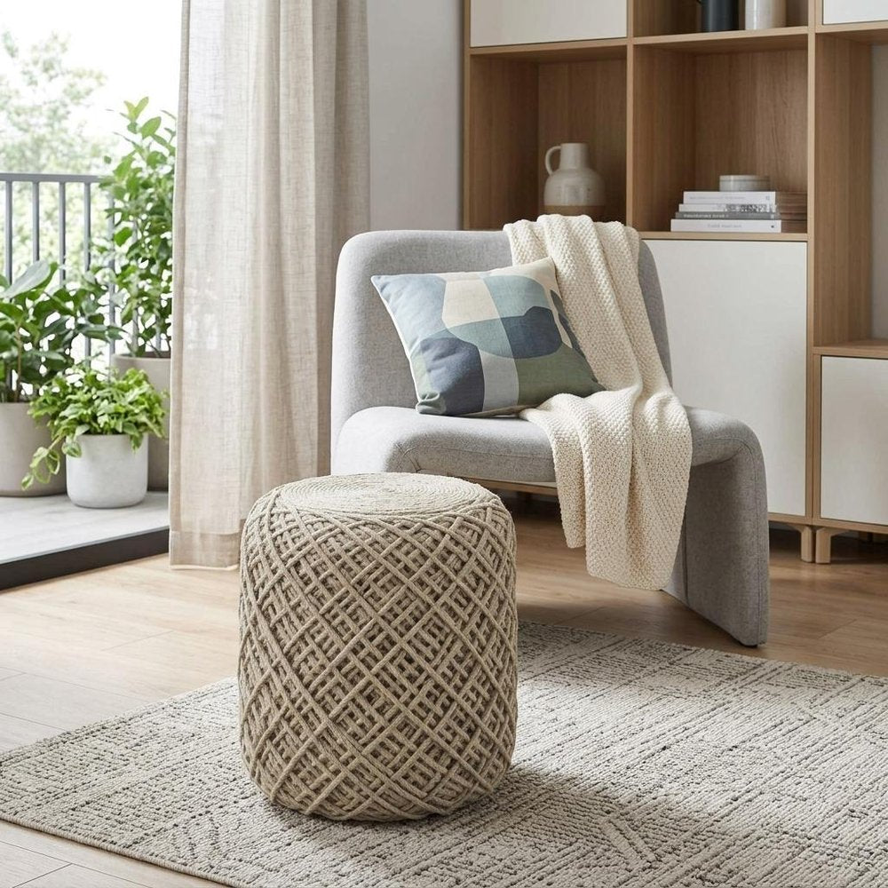 16" Ivory Upholstery Cylinder Abstract Pouf Ottoman