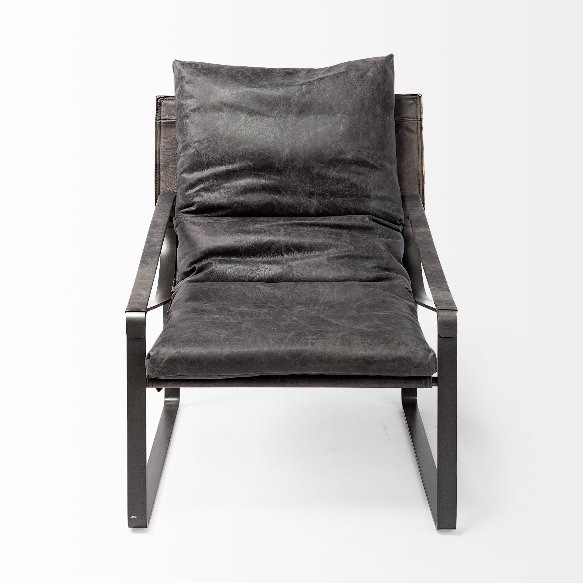 35" Black Leather Distressed Arm Chair