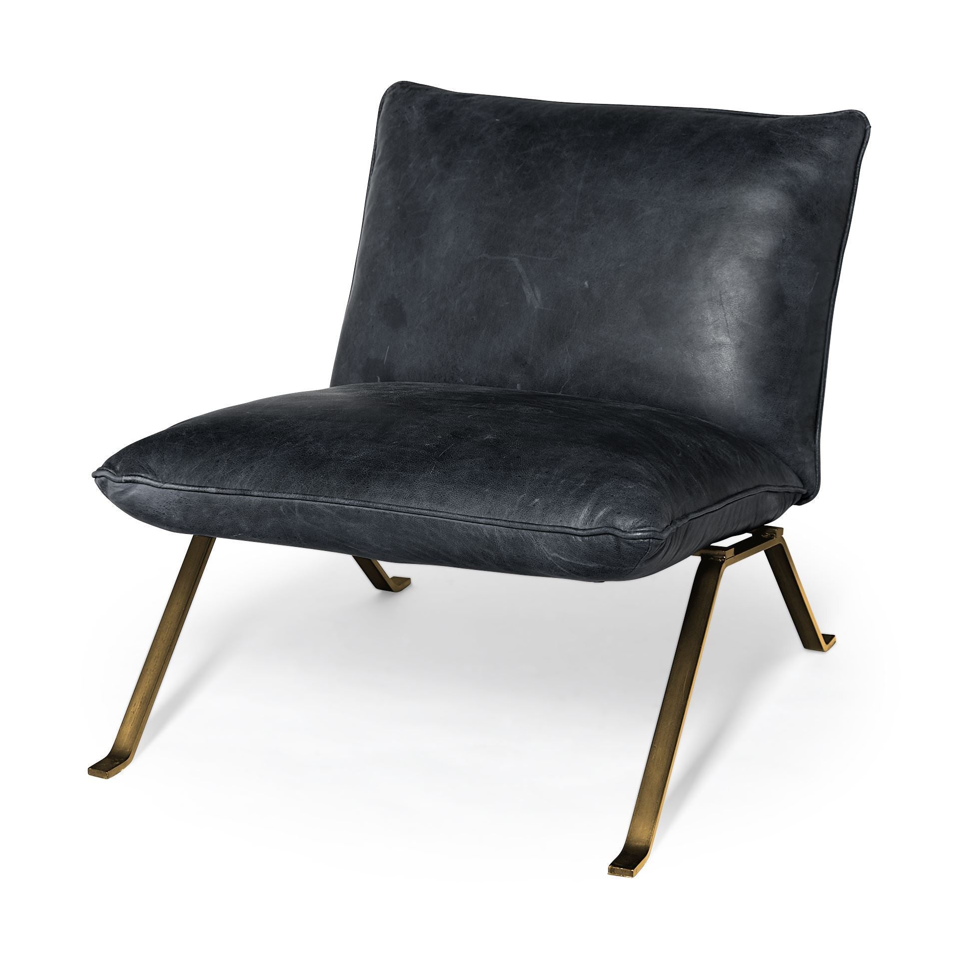 34" Black and Brass Top Grain Leather Distressed Slipper Chair