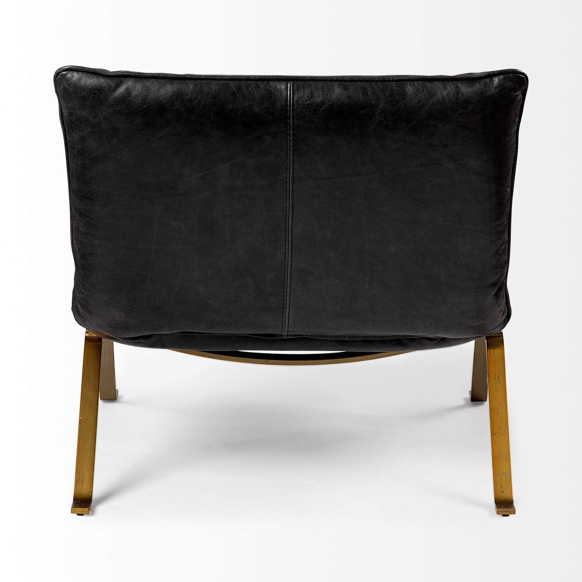 34" Black and Brass Top Grain Leather Distressed Slipper Chair