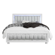 White Solid Wood And Faux Leather Lighted King Bed Frame With No