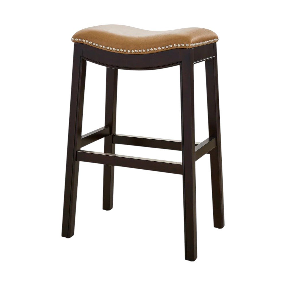 31" Tan and Espresso Faux Leather and Solid Wood Backless Counter Height Bar Chair
