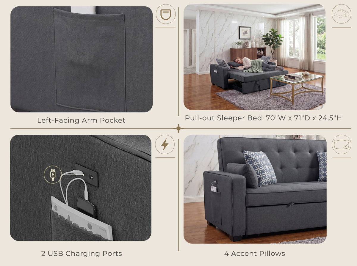 William - Sleeper Sofa With 2 USB Charging Ports And 4 Accent Pillows - Gray