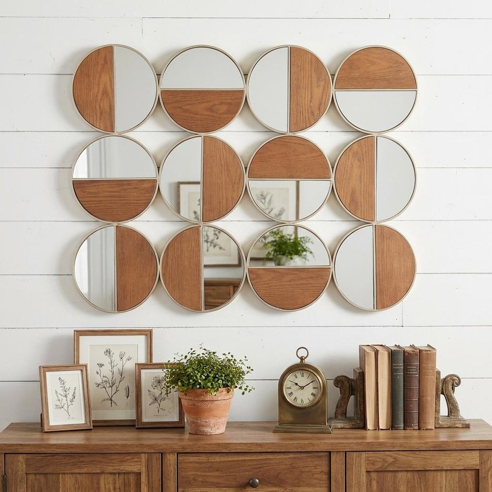 36" Gold And Walnut Steel Round Framed Accent Mirror