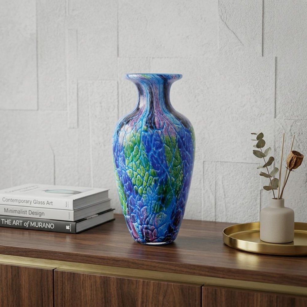 10" Blue and Green Glass Abstract Round Table Vase
