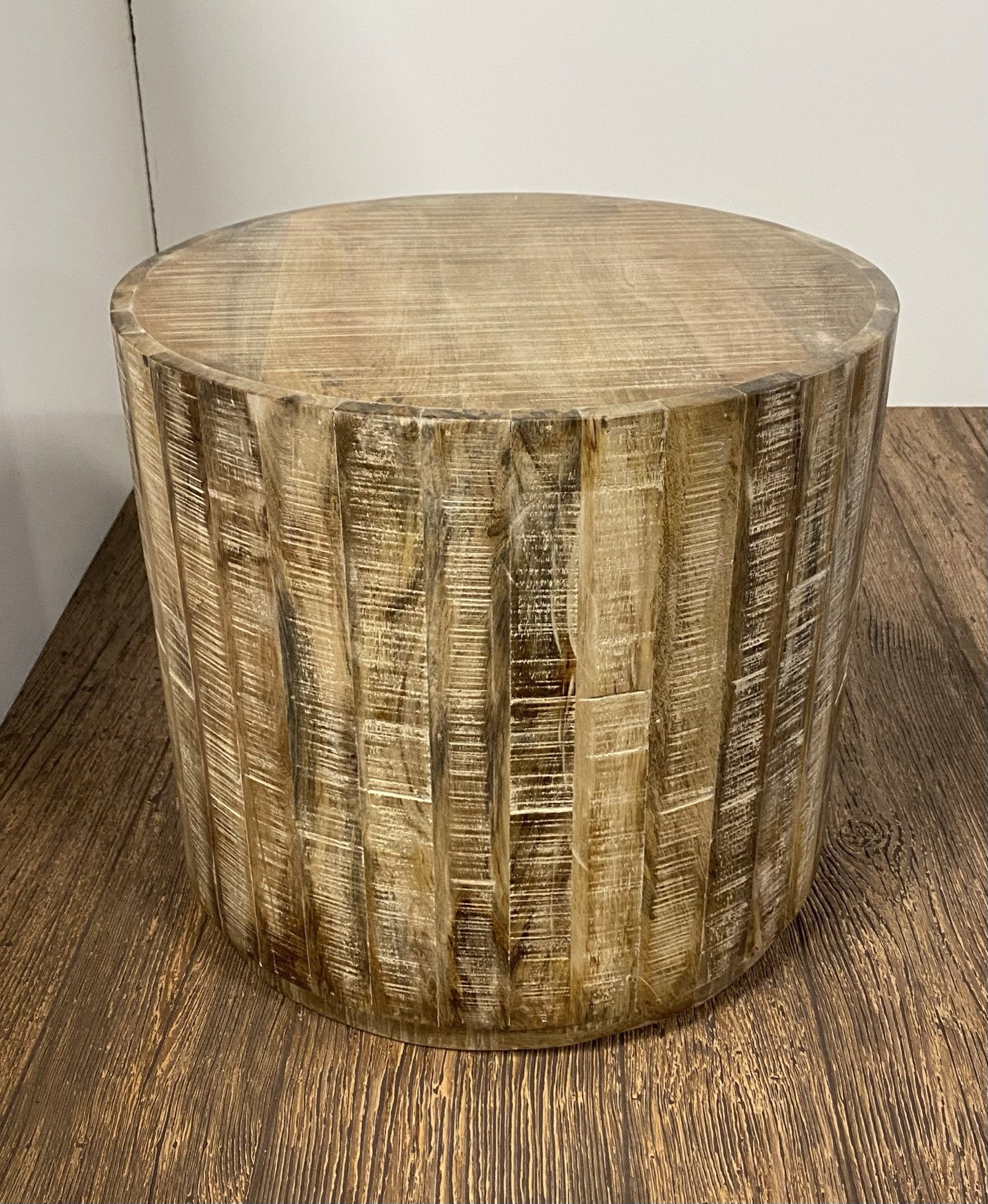 20" Natural Distressed Solid Wood Round Drum End Table