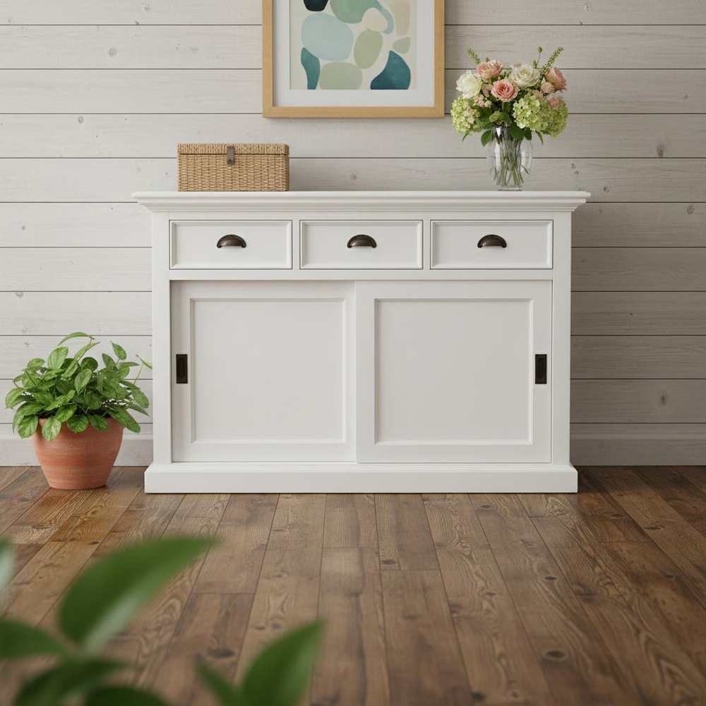 49" White Buffet Server With Sliding Doors
