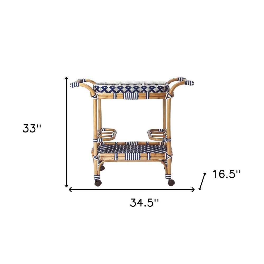 35" Navy Blue White And Natural Rolling Rattan Bar Cart