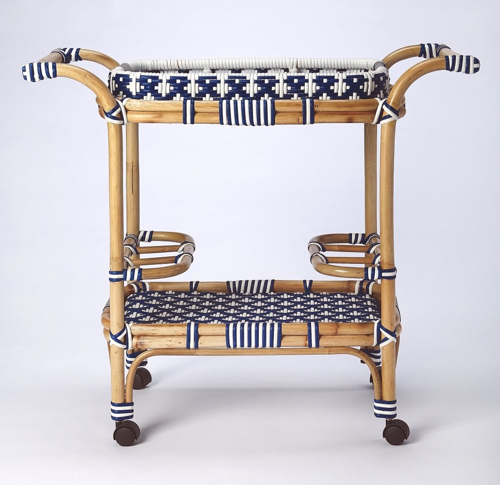 35" Navy Blue White And Natural Rolling Rattan Bar Cart