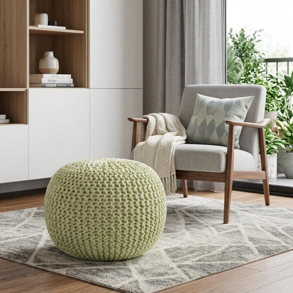 19" Green Wool Round Pouf Ottoman