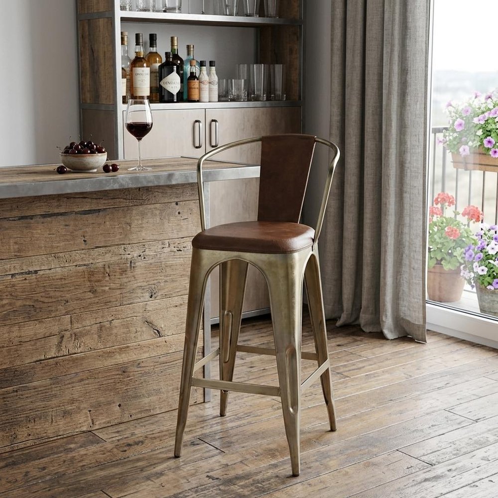 28" Brown and Gold Iron Bar Chair