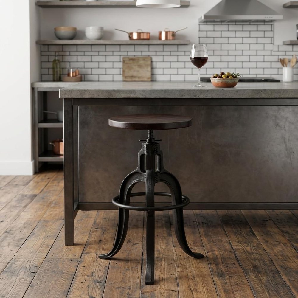 28" Brown and Black Manufactured Wood and Iron Backless Swivel Bar Chair