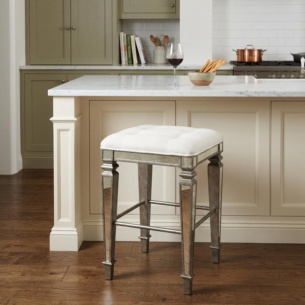 30" White and Silver Solid and Manufactured Wood Backless Counter Height Bar Chair