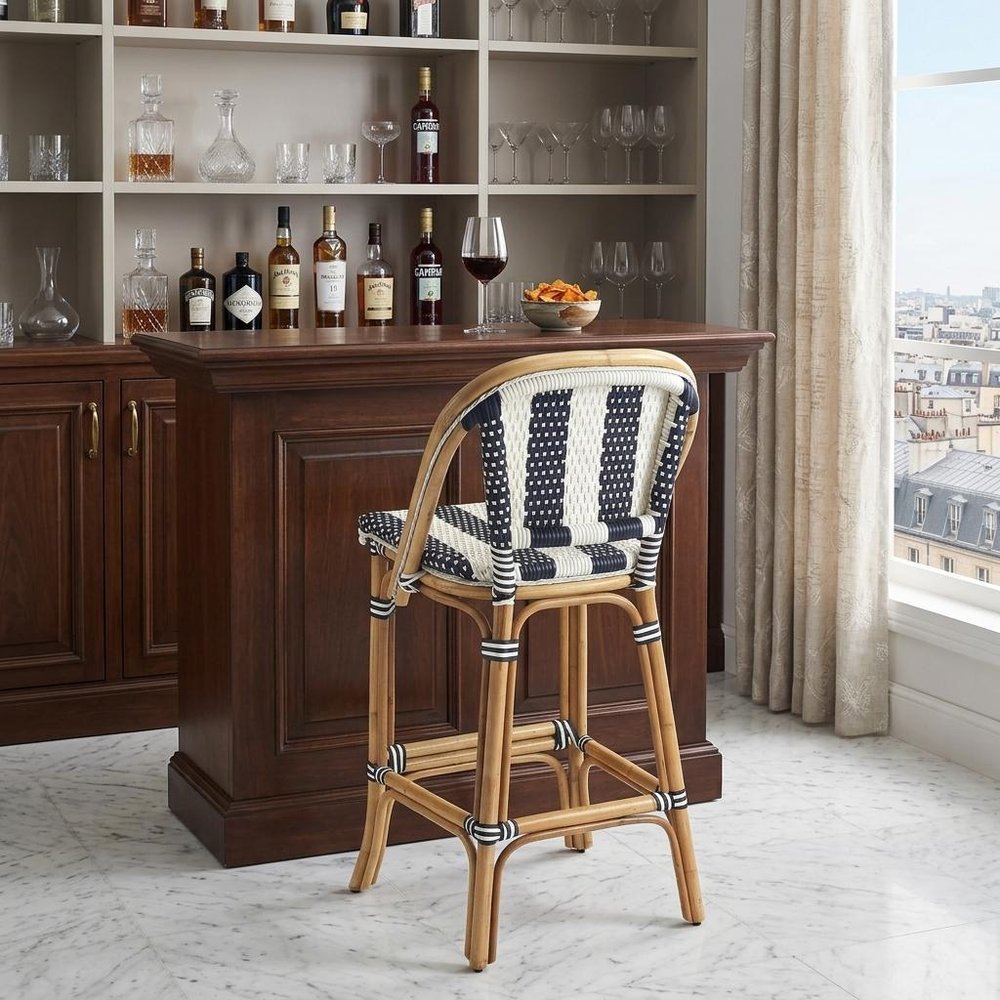 28" Blue and White and Natural Rattan Bar Chair