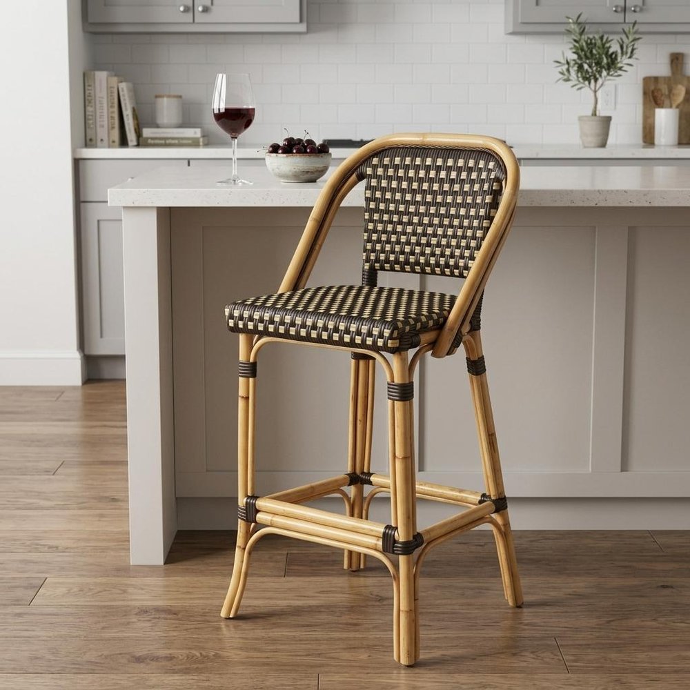 26" Brown and Natural Rattan Counter Height Bar Chair