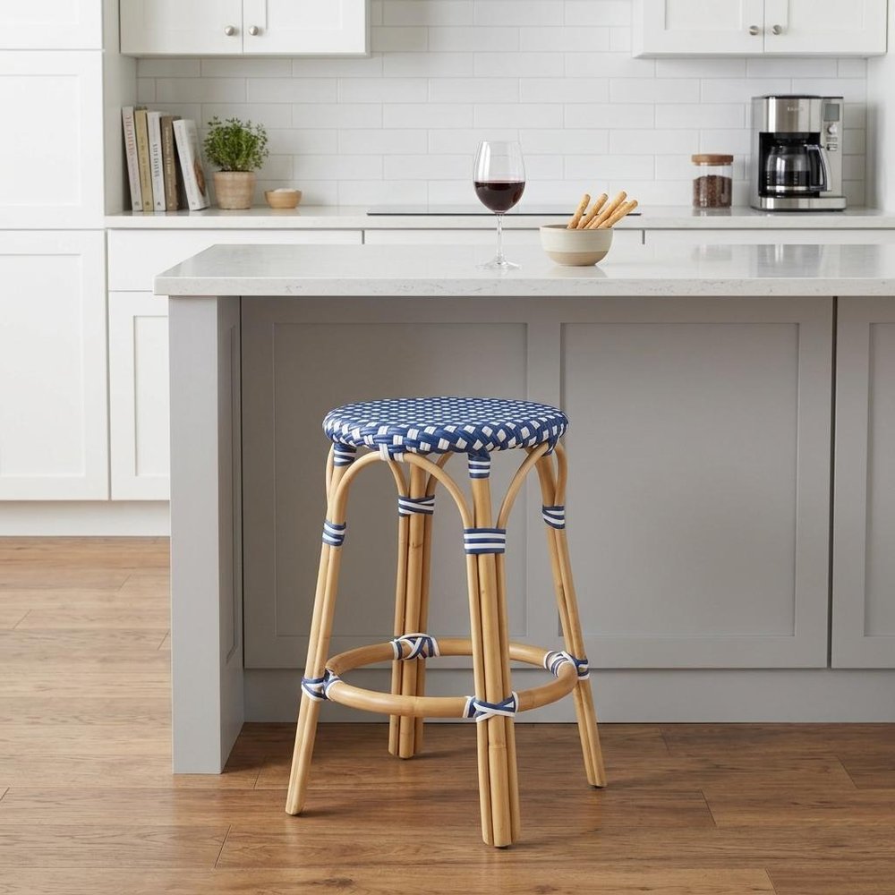 24" Blue and White and Wood Brown Heavy Duty Rattan Backless Counter Height Bar Chair
