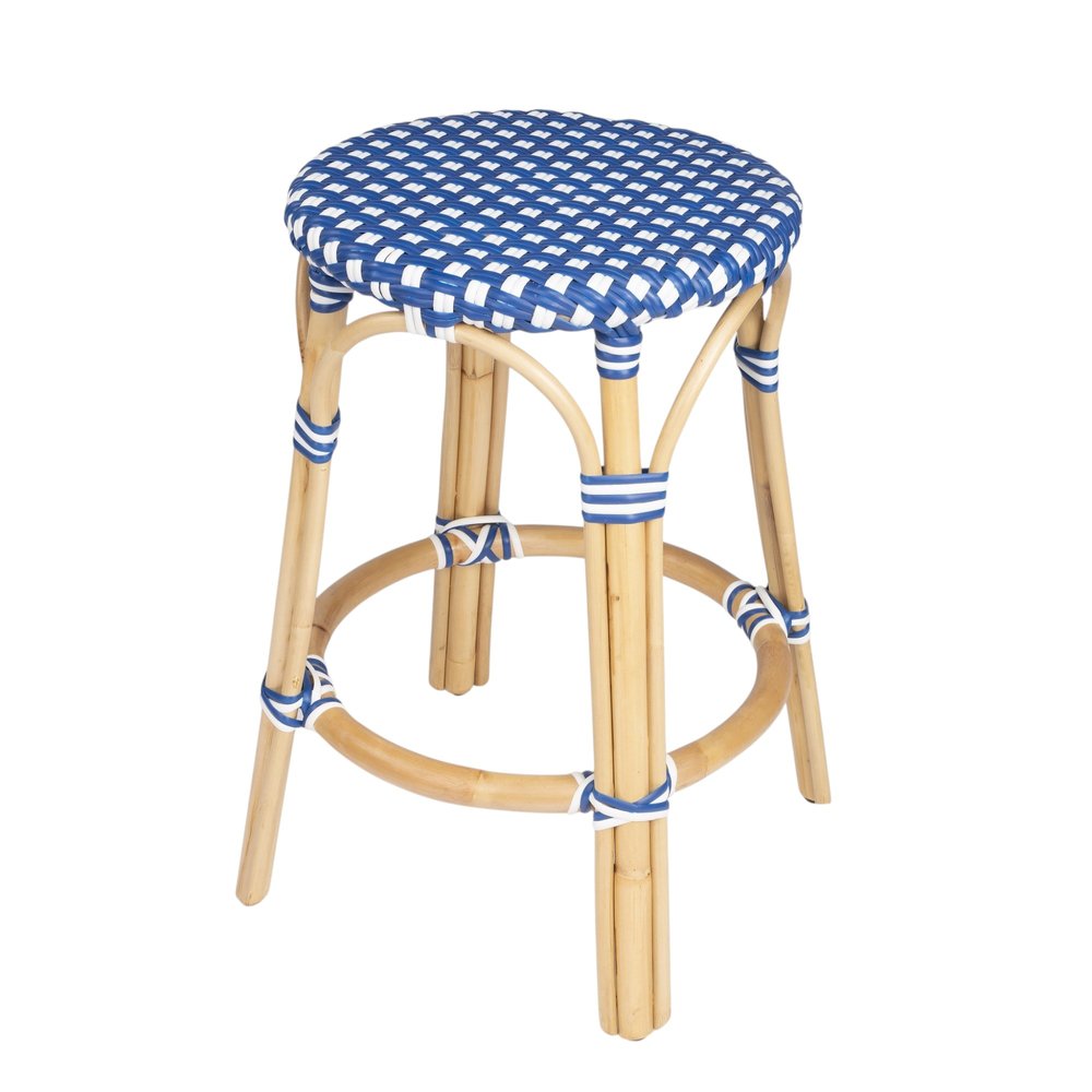 24" Blue and White and Wood Brown Heavy Duty Rattan Backless Counter Height Bar Chair