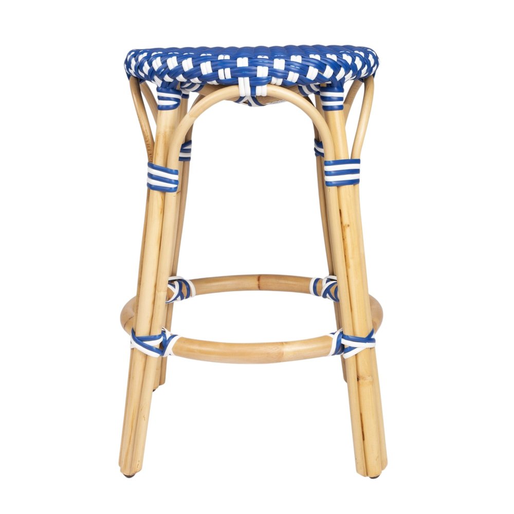 24" Blue and White and Wood Brown Heavy Duty Rattan Backless Counter Height Bar Chair