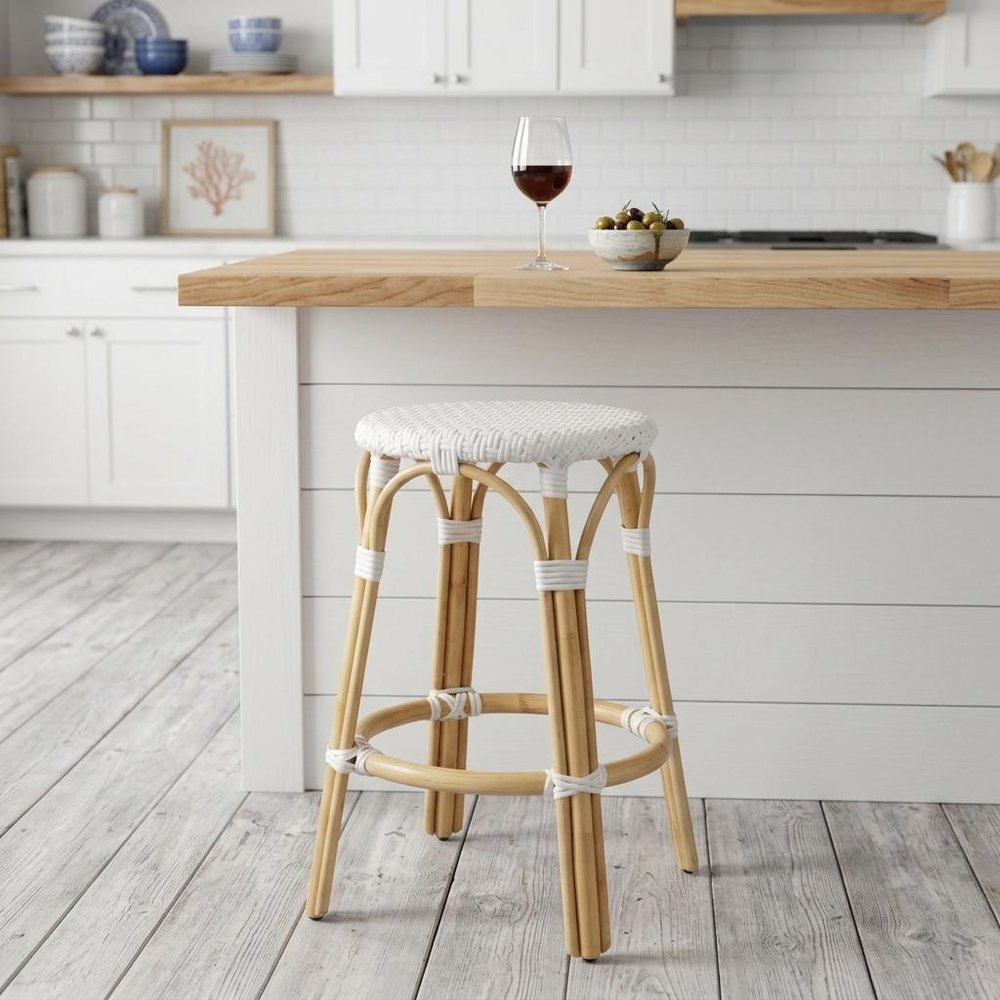 24" White and Natural Heavy Duty Rattan Backless Counter Height Bar Chair