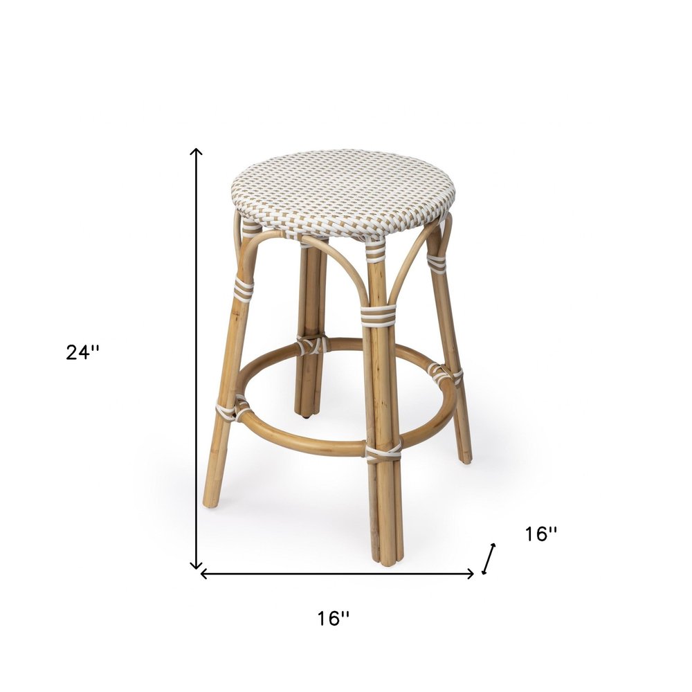 24" Natural and White Rattan Backless Counter Height Bar Chair