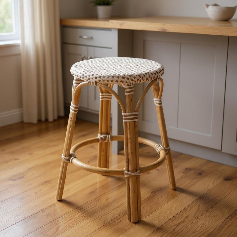 24" Natural and White Rattan Backless Counter Height Bar Chair