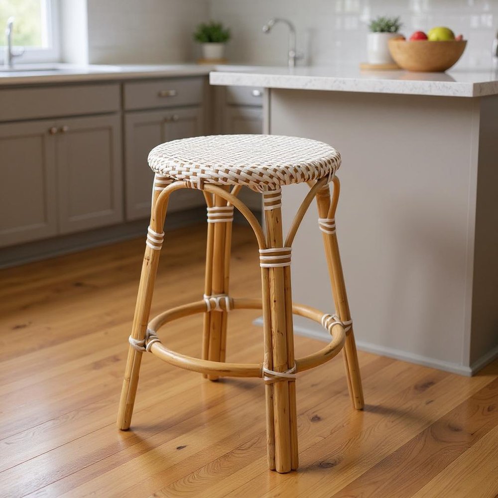 24" Natural and White Rattan Backless Counter Height Bar Chair