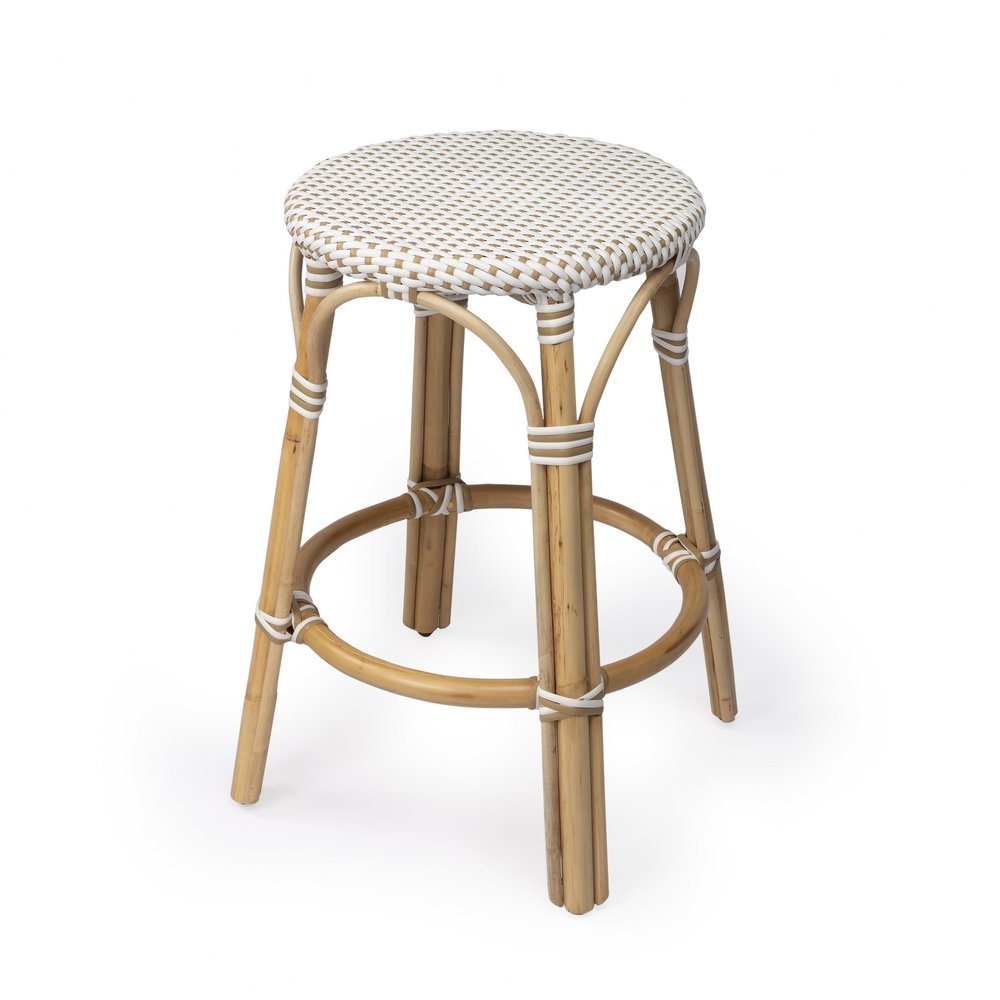 24" Natural and White Rattan Backless Counter Height Bar Chair