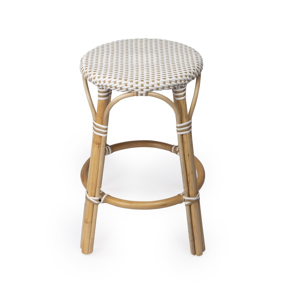 24" Natural and White Rattan Backless Counter Height Bar Chair