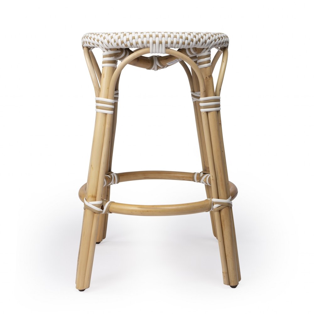 24" Natural and White Rattan Backless Counter Height Bar Chair