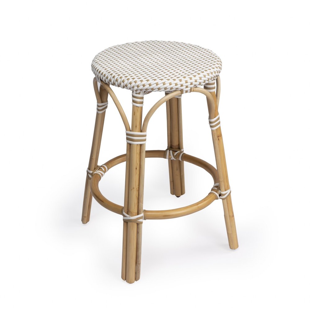 24" Natural and White Rattan Backless Counter Height Bar Chair