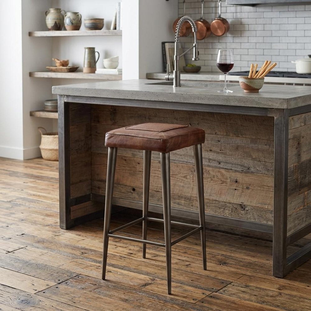 32" Brown and Gray Manufactured Wood and Iron Backless Counter Height Bar Chair