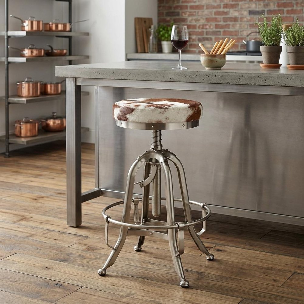 Brown And White and Silver Iron Backless Swivel Bar Chair