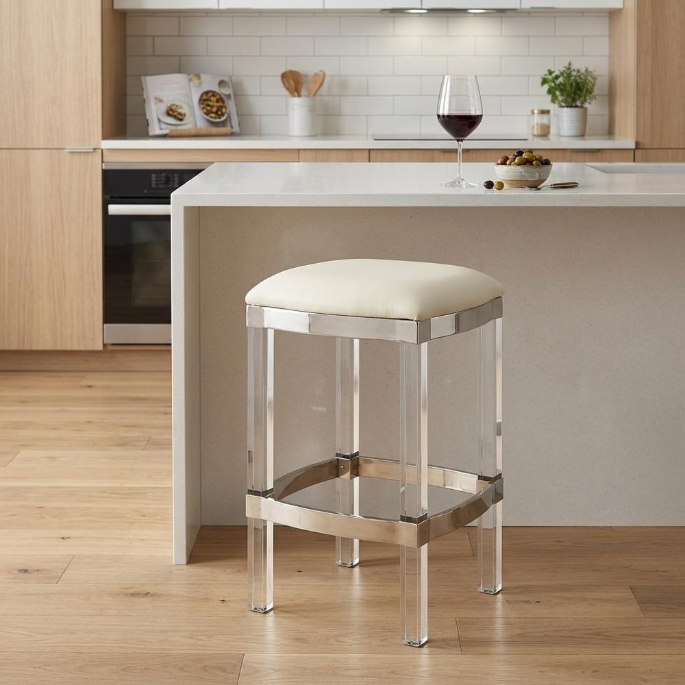 24" White and Clear Stainless Steel and Acrylic Backless Counter Height Bar Chair