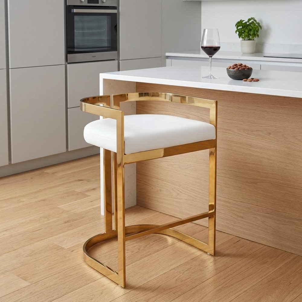 28" White and Gold Iron Low Back Counter Height Bar Chair